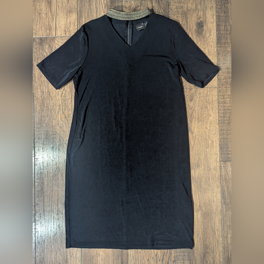 Travelers By Chicos Navy Blue Dress w/ Gold Rope Chain Neckline Size 2P (XLP)